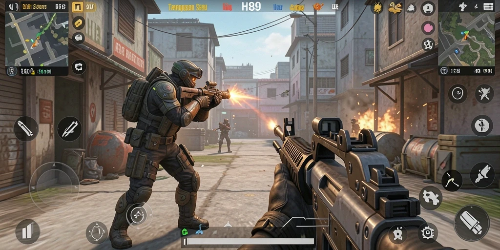 Screenshot H89 menampilkan aksi pertempuran FPS yang mendebarkan.