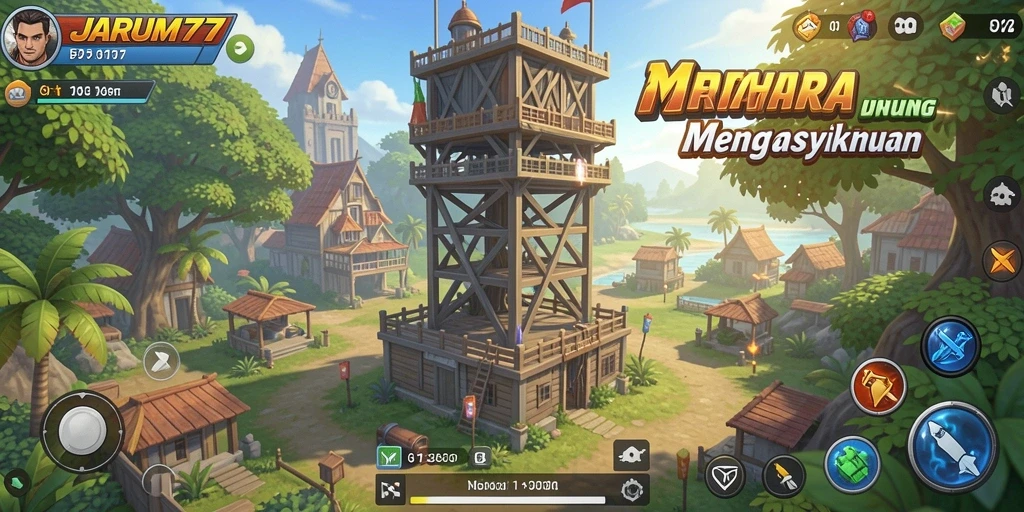 Screenshot gameplay JARUM77 menunjukkan aksi menara dalam pertahanan.